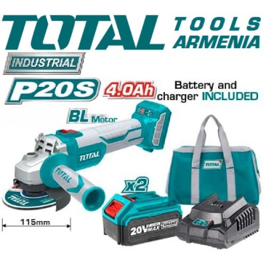 Անկյունային հղկող մեքենա (ԱՀՄ) - Բալգարկա մարտկոցով / Անխոզանակ շարժիչ / 20Վ / 4Ա / 115մմ / Արտադրական / INDUSTRIAL (TAGLI11522)